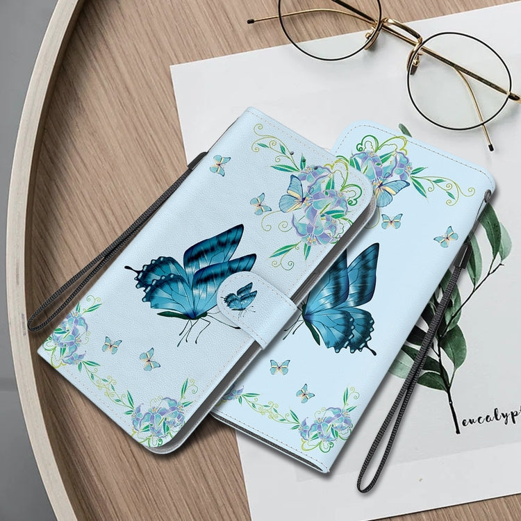 For iPhone 16 Crystal Texture Colored Drawing Leather Phone Case(Blue Pansies) - iPhone 16 Cases by PMC TechLife | Online Shopping South Africa | PMC TechLife | Buy Now Pay Later Mobicred