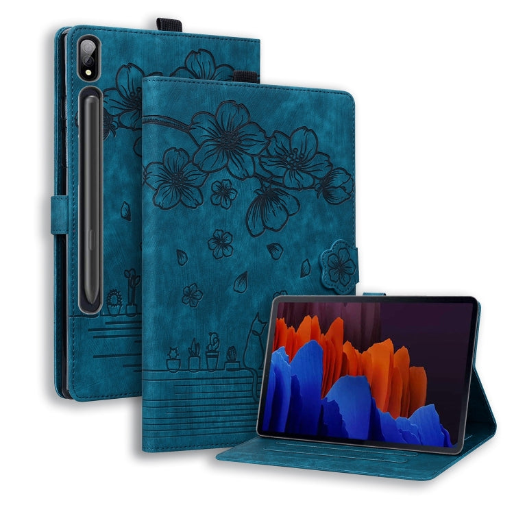 For Samsung Galaxy Tab S9 Ultra /S8 Ultra Cartoon Sakura Cat Embossed Leather Tablet Case(Blue) - free shipping - PMC Jewellery - Order now!