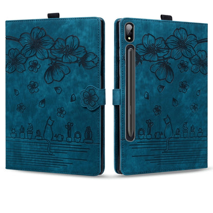 For Samsung Galaxy Tab S9 Ultra /S8 Ultra Cartoon Sakura Cat Embossed Leather Tablet Case(Blue) - Galaxy Tab S9 Ultra Cases by PMC Jewellery | Online Shopping South Africa | PMC Jewellery | Buy Now Pay Later Mobicred