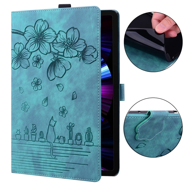 For Samsung Galaxy Tab S9 FE Cartoon Sakura Cat Embossed Leather Tablet Case(Green) - Galaxy Tab S9 FE by PMC Jewellery | Online Shopping South Africa | PMC Jewellery | Buy Now Pay Later Mobicred