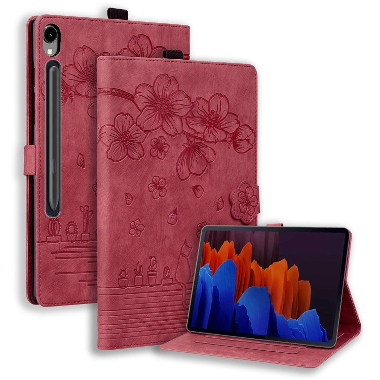 For Samsung Galaxy Tab S9 FE Cartoon Sakura Cat Embossed Leather Tablet Case(Red) - free shipping - PMC Jewellery - Order now!