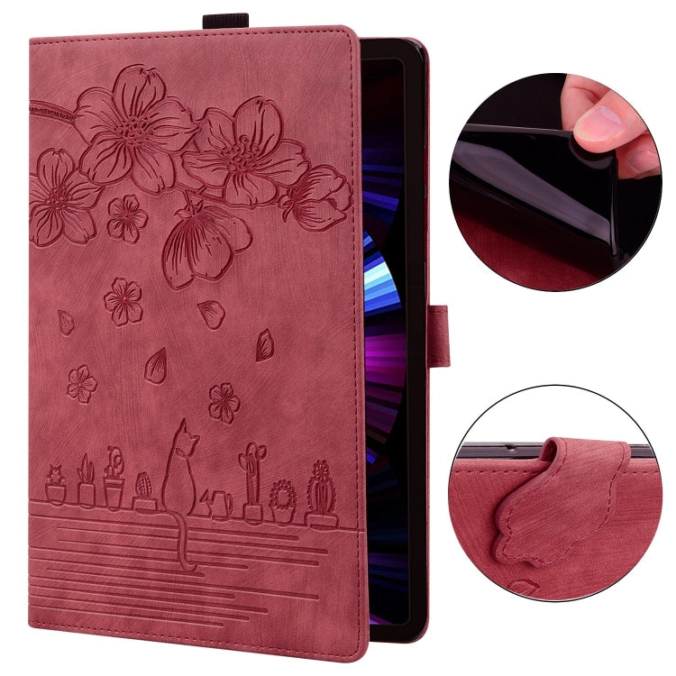 For Samsung Galaxy Tab S9 FE Cartoon Sakura Cat Embossed Leather Tablet Case(Red) - free shipping - PMC Jewellery - Order now!