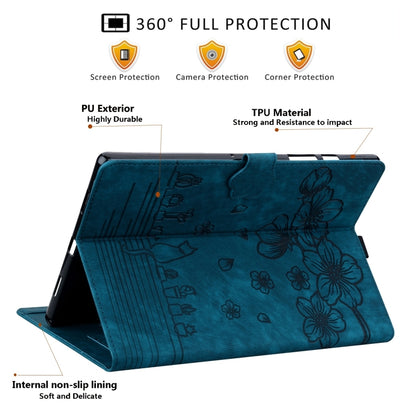 For Samsung Galaxy Tab S9 FE Cartoon Sakura Cat Embossed Leather Tablet Case(Blue) - Galaxy Tab S9 FE by PMC Jewellery | Online Shopping South Africa | PMC Jewellery | Buy Now Pay Later Mobicred