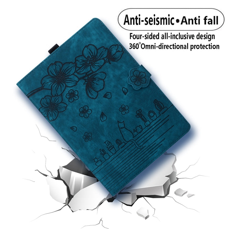 For Lenovo Tab M10 Plus 3rd Gen 2022 Cartoon Sakura Cat Embossed Leather Tablet Case(Blue) - Lenovo by PMC TechLife | Online Shopping South Africa | PMC TechLife | Buy Now Pay Later Mobicred