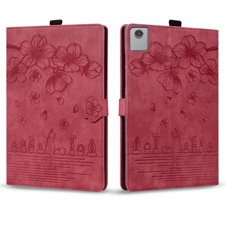 For Lenovo Tab M11 / Xiaoxin Pad 11 2024 Cartoon Sakura Cat Embossed Leather Tablet Case(Red) - Lenovo by PMC TechLife | Online Shopping South Africa | PMC TechLife | Buy Now Pay Later Mobicred