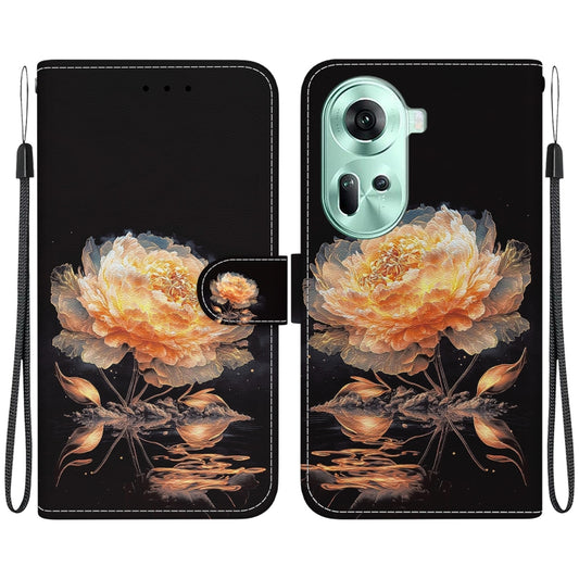 For OPPO Reno11 Global Crystal Texture Colored Drawing Leather Phone Case(Gold Peony) - Reno11 Cases by PMC Jewellery | Online Shopping South Africa | PMC Jewellery | Buy Now Pay Later Mobicred
