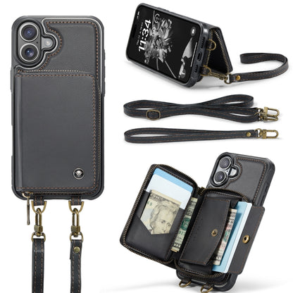 For iPhone 16 Plus JEEHOOD C22 Series Zipper Wallet Leather Phone Case with Dual Lanyard(Black) - iPhone 16 Plus Cases by JEEHOOD | Online Shopping South Africa | PMC Jewellery | Buy Now Pay Later Mobicred