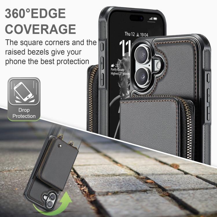 For iPhone 16 Plus JEEHOOD C22 Series Zipper Wallet Leather Phone Case with Dual Lanyard(Black) - iPhone 16 Plus Cases by JEEHOOD | Online Shopping South Africa | PMC Jewellery | Buy Now Pay Later Mobicred