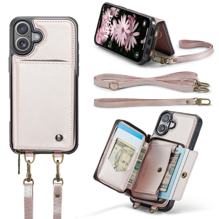 For iPhone 16 Plus JEEHOOD C22 Series Zipper Wallet Leather Phone Case with Dual Lanyard(Rose Gold) - iPhone 16 Plus Cases by JEEHOOD | Online Shopping South Africa | PMC Jewellery | Buy Now Pay Later Mobicred