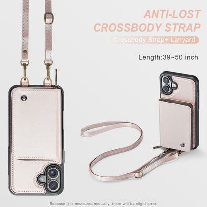 For iPhone 16 Plus JEEHOOD C22 Series Zipper Wallet Leather Phone Case with Dual Lanyard(Rose Gold) - iPhone 16 Plus Cases by JEEHOOD | Online Shopping South Africa | PMC Jewellery | Buy Now Pay Later Mobicred