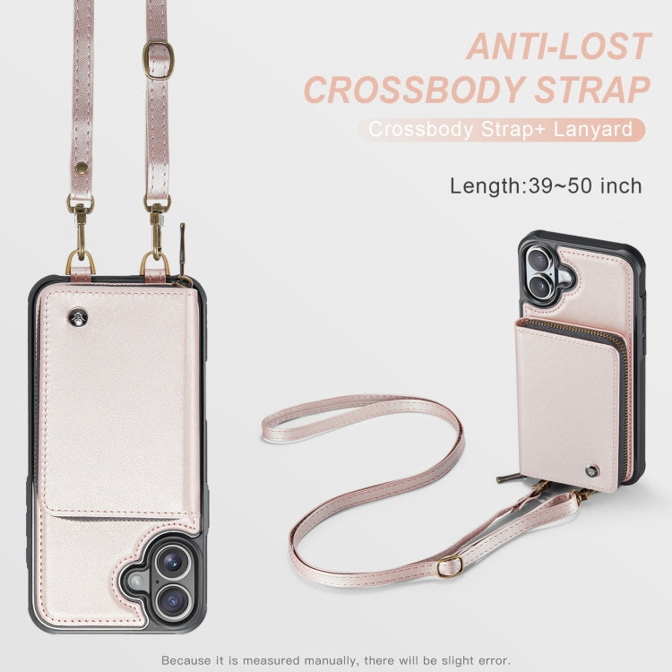 For iPhone 16 JEEHOOD C22 Series Zipper Wallet Leather Phone Case with Dual Lanyard(Rose Gold) - iPhone 16 Cases by JEEHOOD | Online Shopping South Africa | PMC Jewellery | Buy Now Pay Later Mobicred