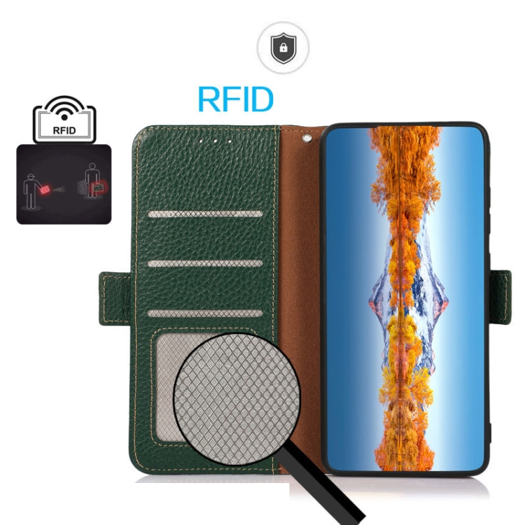 For Google Pixel 9 KHAZNEH Side-Magnetic Litchi Genuine Leather RFID Phone Case(Green) - Google Cases by PMC TechLife | Online Shopping South Africa | PMC TechLife | Buy Now Pay Later Mobicred
