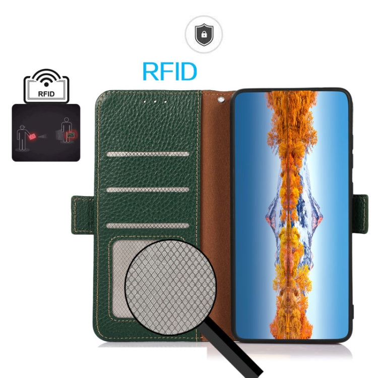For Google Pixel 9a KHAZNEH Side-Magnetic Litchi Genuine Leather RFID Phone Case(Green) - Google Cases by PMC TechLife | Online Shopping South Africa | PMC TechLife | Buy Now Pay Later Mobicred