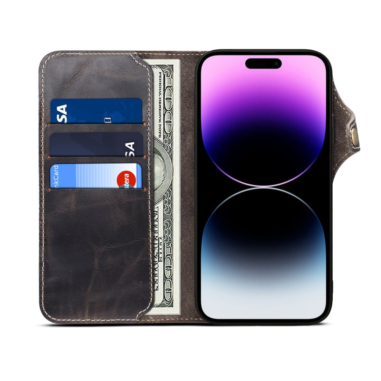 For iPhone 15 Pro Max Denior Oil Wax Cowhide Magnetic Button Genuine Leather Case(Black) - free shipping - PMC Jewellery - Order now!