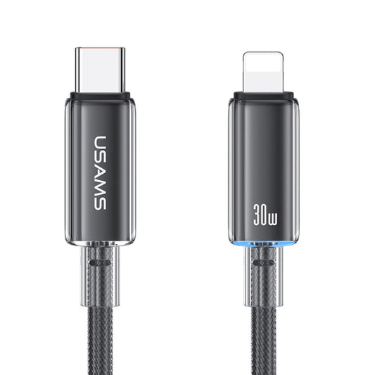 USAMS Type-C To 8 Pin Aluminum Alloy Clear LED 30W PD Fast Charge Data Cable, Length:1.2m(Black) - 2 in 1 Cable by USAMS | Online Shopping South Africa | PMC Jewellery | Buy Now Pay Later Mobicred