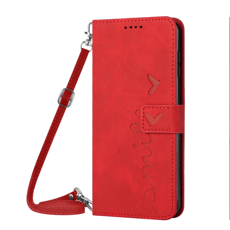 For OPPO A38 / Oppo A18 Skin Feel Heart Embossed Leather Phone Case with Long Lanyard(Red) - A18 Cases by PMC Jewellery | Online Shopping South Africa | PMC Jewellery | Buy Now Pay Later Mobicred
