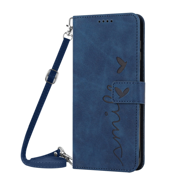 For OPPO Reno11 5G Global Skin Feel Heart Embossed Leather Phone Case with Long Lanyard(Blue) - Reno11 Cases by PMC Jewellery | Online Shopping South Africa | PMC Jewellery | Buy Now Pay Later Mobicred