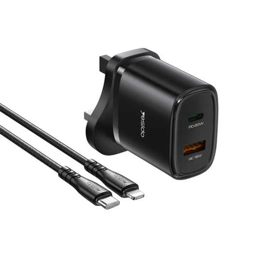 Yesido YC46 PD20W USB-C / Type-C + USB Travel Charger with 1m Type-C to 8 Pin Cable, UK Plug(Black) - USB Charger by Yesido | Online Shopping South Africa | PMC Jewellery | Buy Now Pay Later Mobicred