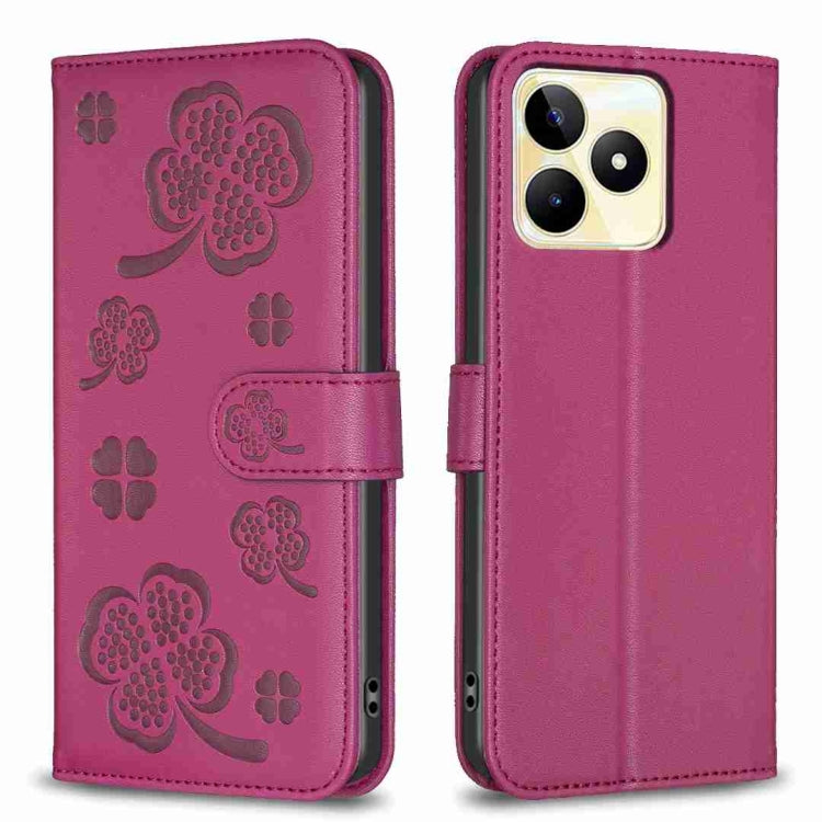 For Realme C53 Four-leaf Embossed Leather Phone Case(Rose Red) - Realme Cases by PMC Jewellery | Online Shopping South Africa | PMC Jewellery | Buy Now Pay Later Mobicred