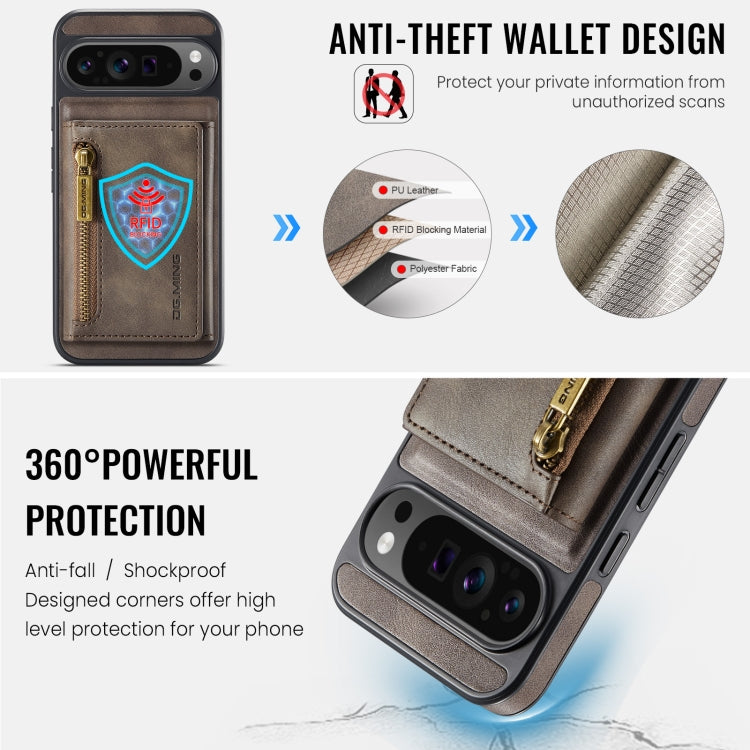 For Google Pixel 9 Pro XL DG.MING M5 Series Zip RFID Multi Card Detachable Leather Phone Case(Coffee) - Google Cases by DG.MING | Online Shopping South Africa | PMC Jewellery | Buy Now Pay Later Mobicred