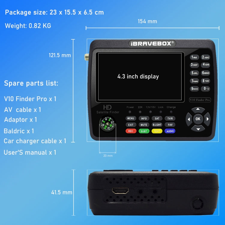 iBRAVEBOX V10 Finder Max 4.3 inch Display Digital Satellite Meter Signal Finder, Support DVB-S/S2/S2X, Plug Type:UK Plug(Black) - Satellite Finder by PMC TechLife | Online Shopping South Africa | PMC TechLife | Buy Now Pay Later Mobicred