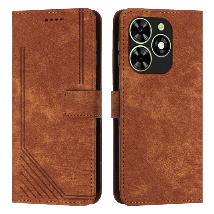 For Tecno Spark Go 2024 / POP 8 Skin Feel Stripe Pattern Leather Phone Case with Long Lanyard(Brown) - Tecno Cases by PMC Jewellery | Online Shopping South Africa | PMC Jewellery | Buy Now Pay Later Mobicred