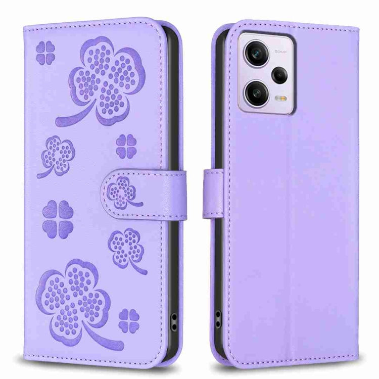 For Xiaomi Redmi Note 12 Pro 5G Global Four-leaf Embossed Leather Phone Case(Purple) - Xiaomi Cases by PMC TechLife | Online Shopping South Africa | PMC TechLife | Buy Now Pay Later Mobicred