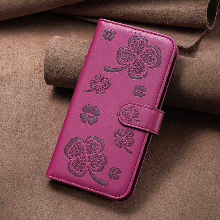 For iPhone 16 Pro Max Four-leaf Embossed Leather Phone Case(Rose Red) - iPhone 16 Pro Max Cases by PMC TechLife | Online Shopping South Africa | PMC TechLife | Buy Now Pay Later Mobicred