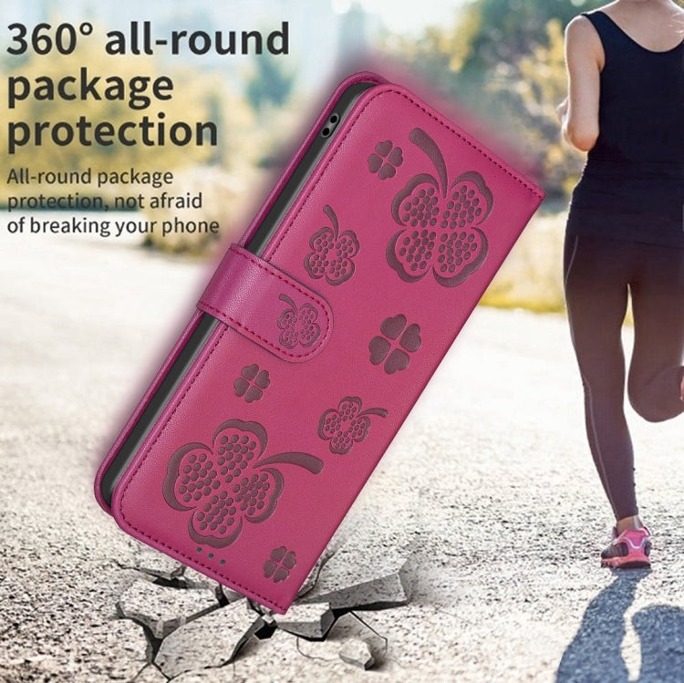 For iPhone 16 Pro Max Four-leaf Embossed Leather Phone Case(Rose Red) - iPhone 16 Pro Max Cases by PMC TechLife | Online Shopping South Africa | PMC TechLife | Buy Now Pay Later Mobicred