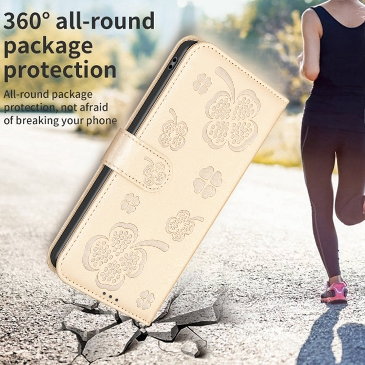 For iPhone 16 Pro Four-leaf Embossed Leather Phone Case(Gold) - iPhone 16 Pro Cases by PMC TechLife | Online Shopping South Africa | PMC TechLife | Buy Now Pay Later Mobicred