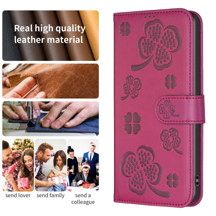 For iPhone 16 Four-leaf Embossed Leather Phone Case(Rose Red) - iPhone 16 Cases by PMC Jewellery | Online Shopping South Africa | PMC Jewellery | Buy Now Pay Later Mobicred