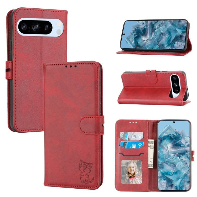 For Google Pixel 9 Embossed Happy Cat Pattern Flip Leather Phone Case(Red) - Google Cases by PMC TechLife | Online Shopping South Africa | PMC TechLife | Buy Now Pay Later Mobicred