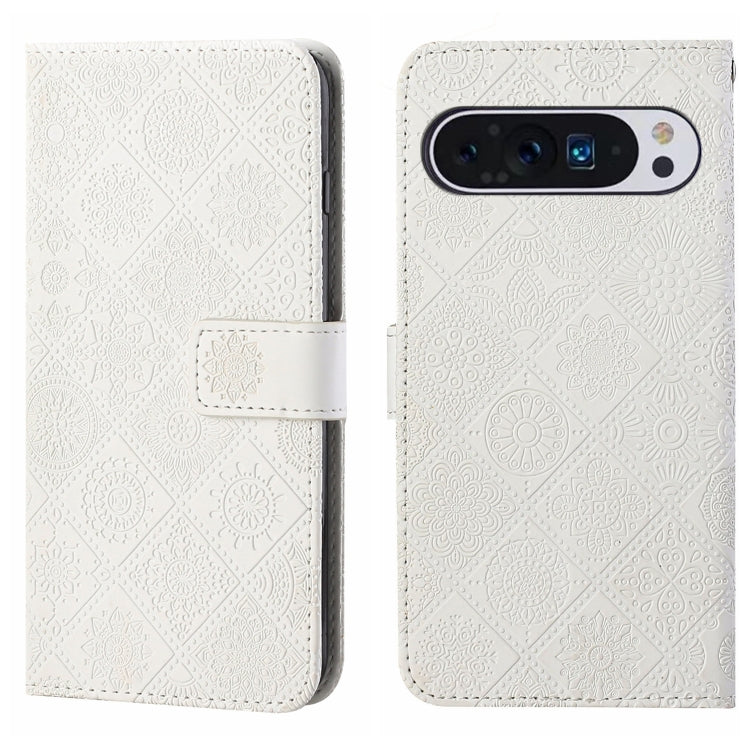 For Google Pixel 9 / 9 Pro Ethnic Style Embossed Pattern Leather Phone Case(White) - Google Cases by PMC Jewellery | Online Shopping South Africa | PMC Jewellery | Buy Now Pay Later Mobicred