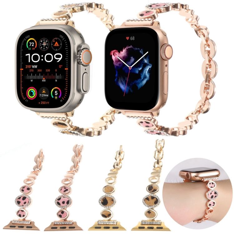 For Apple Watch Series 6 44mm Leopard Rhinestones Metal Chain Watch Band(Gold) - Watch Bands by PMC Jewellery | Online Shopping South Africa | PMC Jewellery