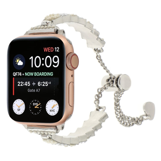 For Apple Watch Series 9 41mm Shell Beads Chain Bracelet Metal Watch Band(Beige White Silver) - Watch Bands by PMC Jewellery | Online Shopping South Africa | PMC Jewellery