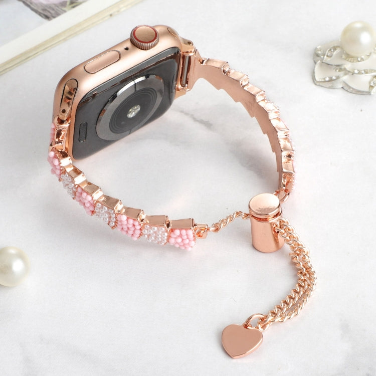 For Apple Watch Ultra 49mm Shell Beads Chain Bracelet Metal Watch Band(Pink White Rose Gold) - Watch Bands by PMC Jewellery | Online Shopping South Africa | PMC Jewellery