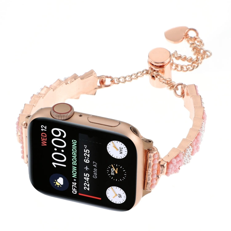 For Apple Watch Series 7 45mm Shell Beads Chain Bracelet Metal Watch Band(Pink White Rose Gold) - Watch Bands by PMC Jewellery | Online Shopping South Africa | PMC Jewellery