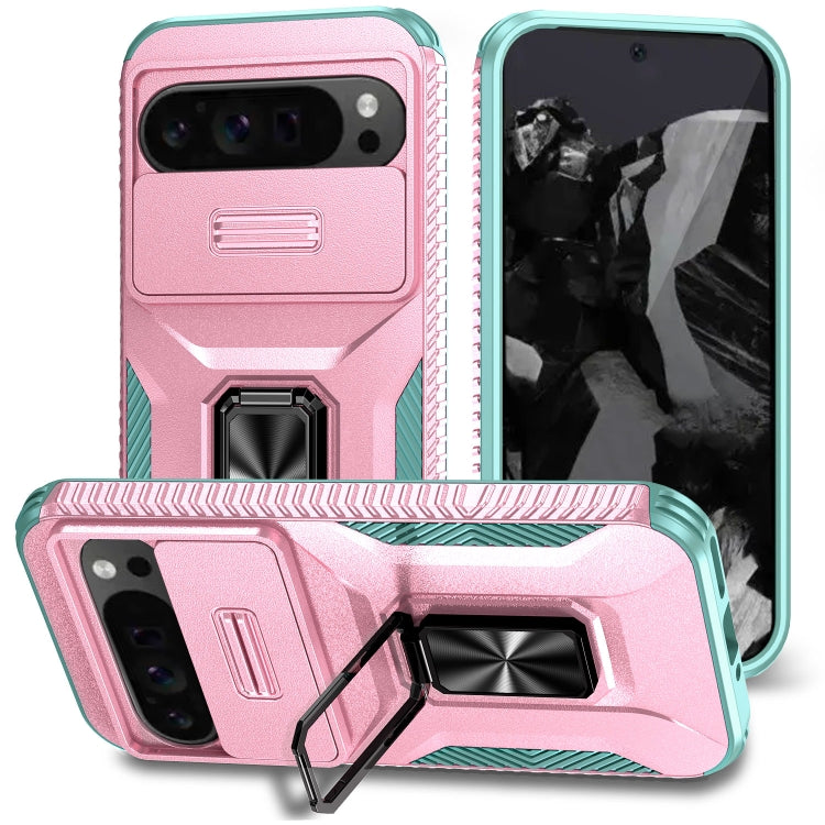 For Google Pixel 9 Pro XL Sliding Camshield Holder Phone Case(Pink + Grey Green) - Google Cases by PMC Jewellery | Online Shopping South Africa | PMC Jewellery | Buy Now Pay Later Mobicred