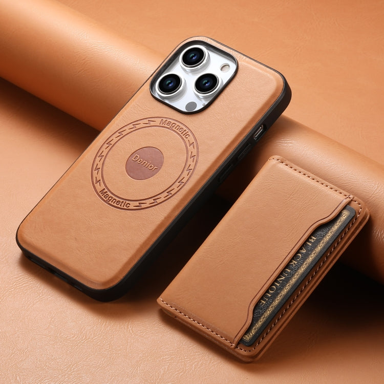 For iPhone 15 Pro Max Denior Cowhide Texture Leather MagSafe Detachable Wallet Phone Case(Khaki) - iPhone 15 Pro Max Cases by Denior | Online Shopping South Africa | PMC Jewellery | Buy Now Pay Later Mobicred