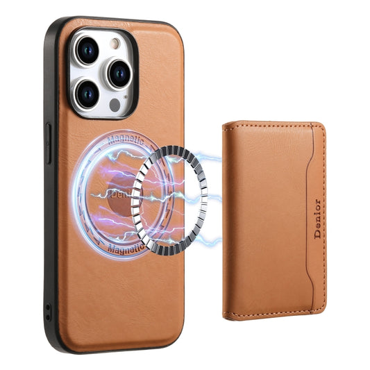 For iPhone 15 Pro Denior Cowhide Texture Leather MagSafe Detachable Wallet Phone Case(Khaki) - iPhone 15 Pro Cases by Denior | Online Shopping South Africa | PMC Jewellery | Buy Now Pay Later Mobicred