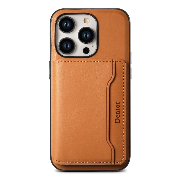 For iPhone 14 Plus Denior Cowhide Texture Leather MagSafe Detachable Wallet Phone Case(Khaki) - iPhone 14 Plus Cases by Denior | Online Shopping South Africa | PMC Jewellery | Buy Now Pay Later Mobicred