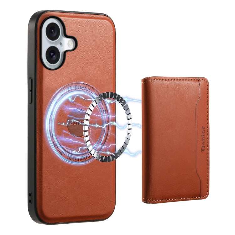 For iPhone 16 Denior Cowhide Texture Leather MagSafe Detachable Wallet Phone Case(Brown) - iPhone 16 Cases by Denior | Online Shopping South Africa | PMC TechLife | Buy Now Pay Later Mobicred