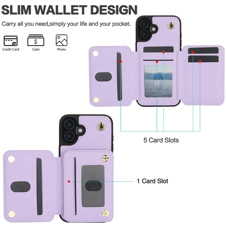 For iPhone 16 YM006 Skin Feel Zipper Card Bag Phone Case with Dual Lanyard(Light Purple) - iPhone 16 Cases by PMC Jewellery | Online Shopping South Africa | PMC Jewellery | Buy Now Pay Later Mobicred