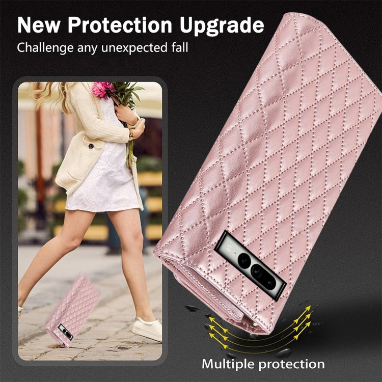 For Google Pixel 7 Pro Zipper Multi-Card Wallet Rhombic Leather Phone Case(Rose Gold) - Google Cases by PMC TechLife | Online Shopping South Africa | PMC TechLife | Buy Now Pay Later Mobicred