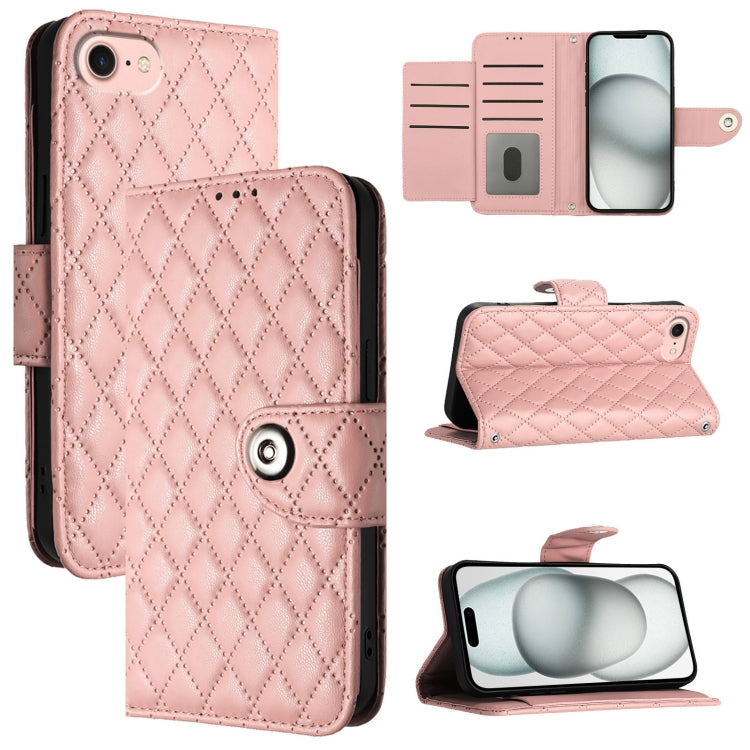 For iPhone SE 2024 Rhombic Texture Flip Leather Phone Case with Lanyard(Coral Pink) - More iPhone Cases by PMC Jewellery | Online Shopping South Africa | PMC Jewellery | Buy Now Pay Later Mobicred