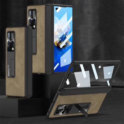 For Huawei Mate X2 GKK Integrated Frosted Leather HD Fold Hinge Phone Case with Holder(Brown) - Huawei Cases by GKK | Online Shopping South Africa | PMC Jewellery | Buy Now Pay Later Mobicred