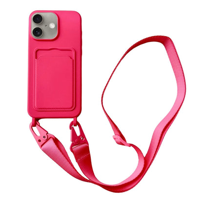 For iPhone 16 Card Slot Liquid Silicone Phone Case with Lanyard(Rose Red) - iPhone 16 Cases by PMC Jewellery | Online Shopping South Africa | PMC Jewellery | Buy Now Pay Later Mobicred