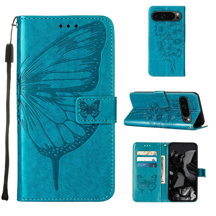 For Google Pixel 9 Pro Embossed Butterfly Leather Phone Case(Blue) - Google Cases by PMC TechLife | Online Shopping South Africa | PMC TechLife | Buy Now Pay Later Mobicred