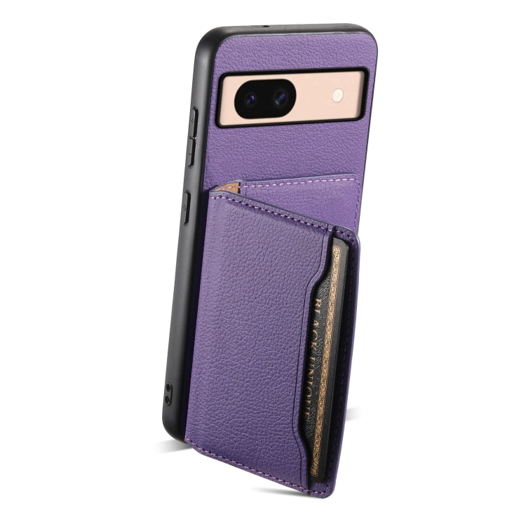 For Google Pixel 8a Calf Texture Card Bag Design Full Coverage Phone Case(Purple) - Google Cases by PMC TechLife | Online Shopping South Africa | PMC TechLife | Buy Now Pay Later Mobicred
