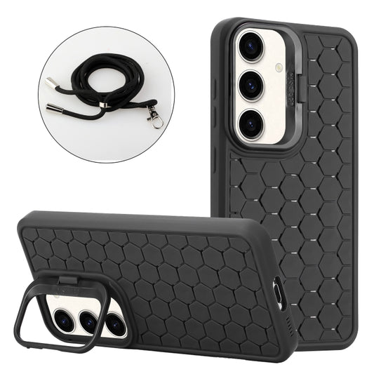 For Samsung Galaxy S24 5G Honeycomb Radiating Lens Holder Magsafe Phone Case with Lanyard(Black) - Galaxy S24 5G Cases by PMC Jewellery | Online Shopping South Africa | PMC Jewellery